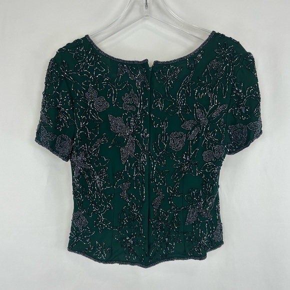 Vintage Dark Green Beaded Floral Silk Top - Picture 6 of 8